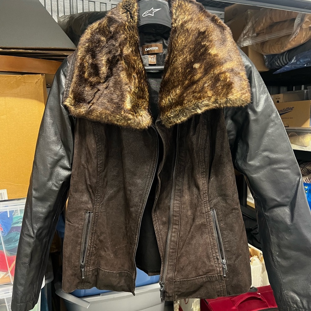 Danier Black and Brown Leather Jacket with Faux Fur